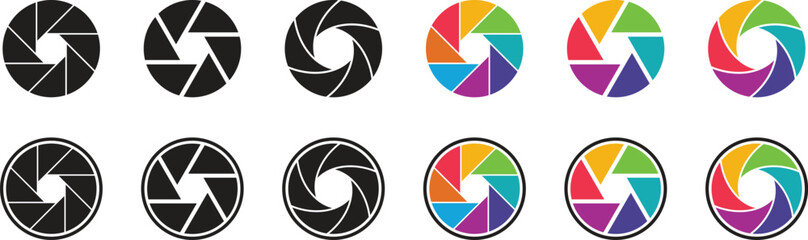 Lens aperture icon set. Camera shutter lens icon vector isolated on transparent background. Photo camera lens diaphragm and aperture focus, animated film video objective opening and zoom snap for app.