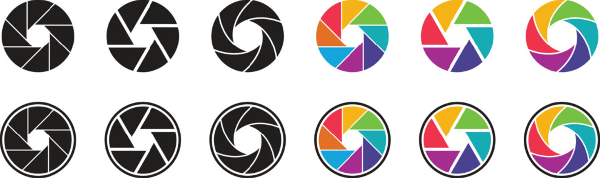 Lens aperture icon set. Camera shutter lens icon vector isolated on transparent background. Photo camera lens diaphragm and aperture focus, animated film video objective opening and zoom snap for app.