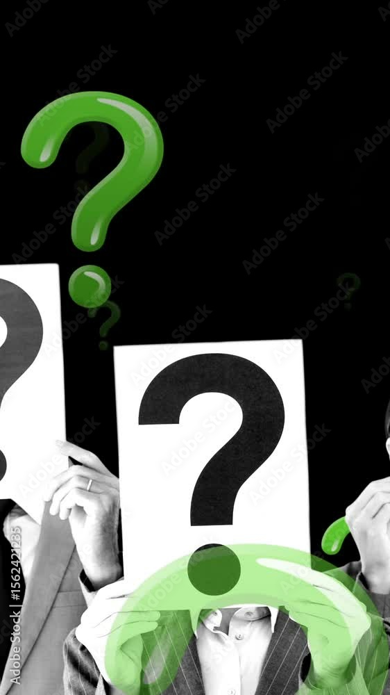 Poster animation of question marks over people with question marks instead heads
