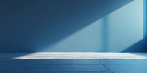 Modern interior with concrete floor and blue wall bathed in natural light creating minimalist and serene atmosphere ideal for background