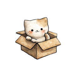 Cute kitten sitting in a cardboard box isolated on transparent background