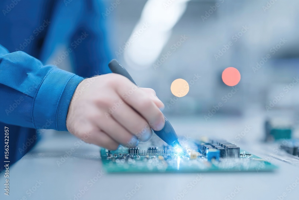 Aufkleber technician using multimeter to test circuit board of broken toaster