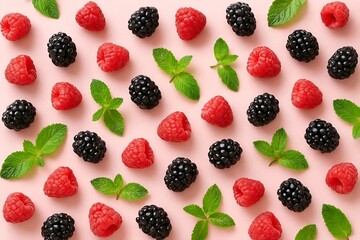 Pink background with berries - raspberries and blackberries