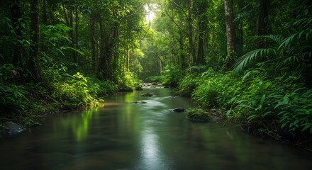 Obraz premium Serene Stream Flowing Through Lush Green Rainforest Canopy, Long Exposure