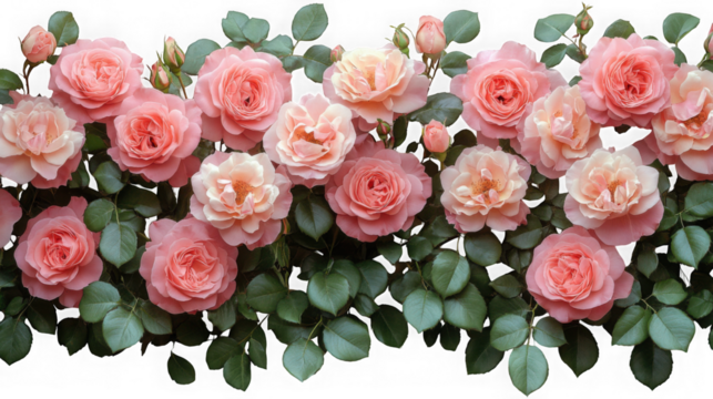 A beautiful border of pink roses and green leaves isolated on transparent background, ideal for wedding invitations and romantic designs - Powered by Adobe