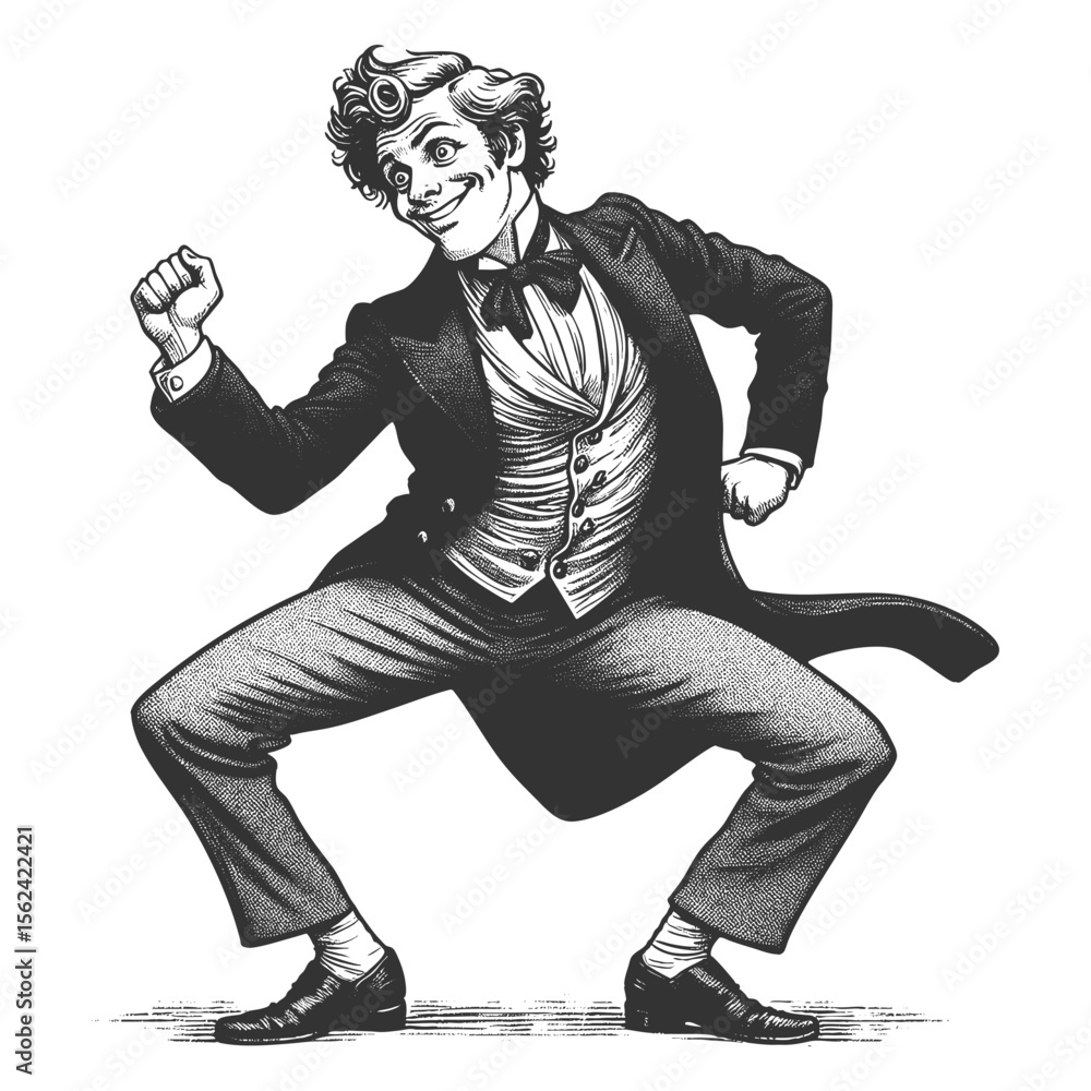 Poster gentleman in a tuxedo striking a flamboyant dance pose with exaggerated flair sketch engraving gener