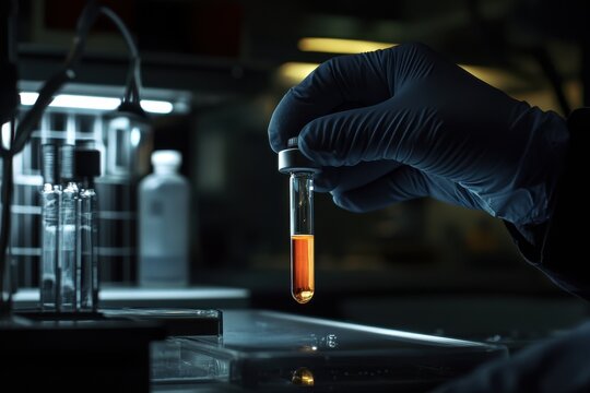 Scientist examines an ampoule containing an experimental substance in a laboratory setting, scientist selects an ampoule with an experimental sample of the vaccine