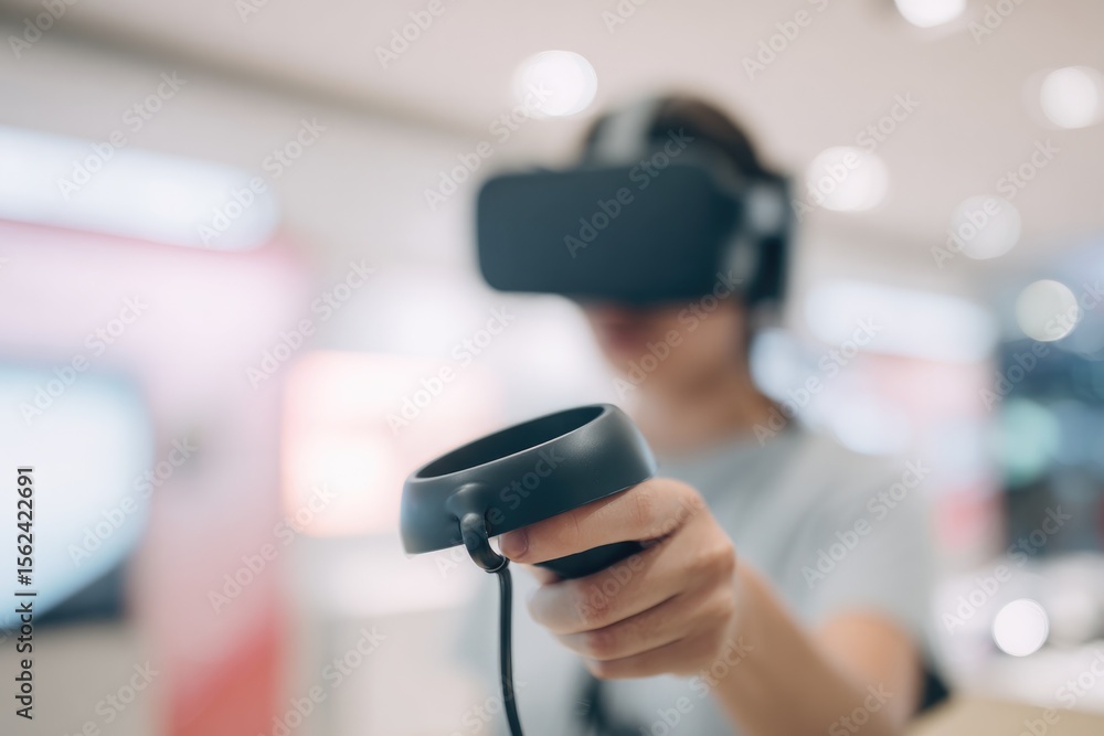 Poster close-up of customer test-driving virtual reality headset in store controller and strap sharply rend