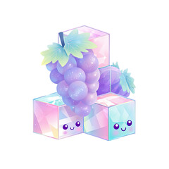 Cute cartoon grapes and ice cubes isolated on transparent background