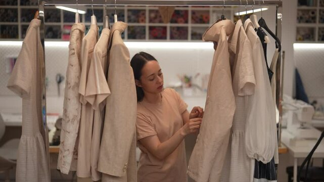 Focused female tailor selecting clothes hanging on rack in bright modern sewing workshop, surrounded by colorful spools of thread and professional sewing machines. Concept of garment manufacturing.