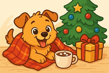 Fototapeta premium Adorable puppy relaxing in festive holiday scene with christmas tree, gift, and hot cocoa blanket. concept of dog comfort, holiday cheer, christmas spirit