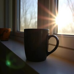 Black mug on the windowsill near the window against the background of the sunrise