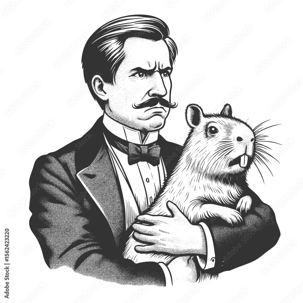 Poster man in a tuxedo holding a calm capybara sketch engraving generative ai fictional character vector il