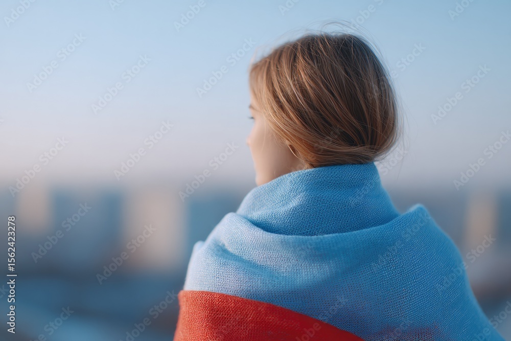 Poster man holding fabric with tri-color pattern blowing in wind on rooftop