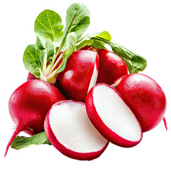 Red radishes with green tops and slices isolated on white transparent background
