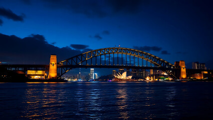 Fototapeta premium The sydney harbour bridge are illuminated at night, reflecting in the dark water of the bay