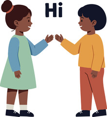 Children greeting each other with hi gesture in casual clothes vector illustration 