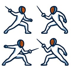 Set of Fencer Athlete Icon Martial Sports Sword Competition Dual Dynamic Fight Skill Challenge Training Vector Illustration