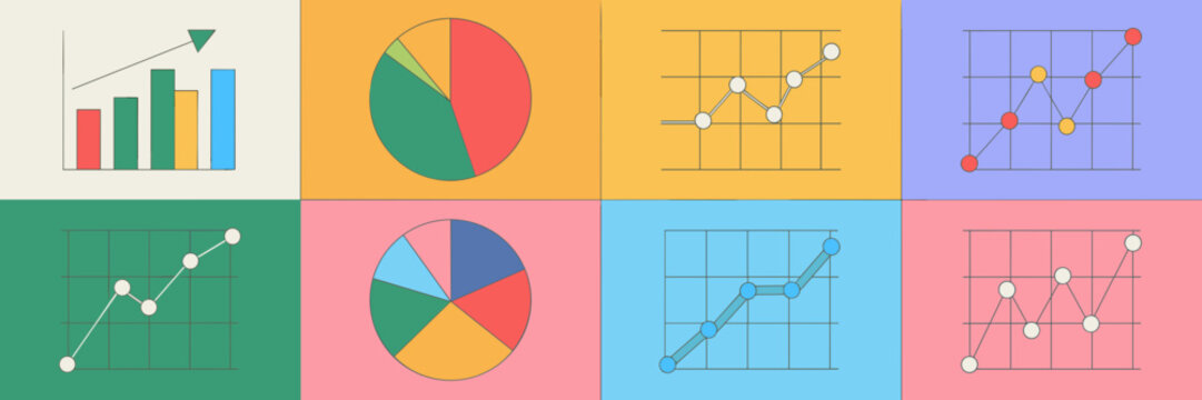 Colorful chart icons in circular frames &ndash; Perfect for creative data visualization tools, tech apps, or learning platforms