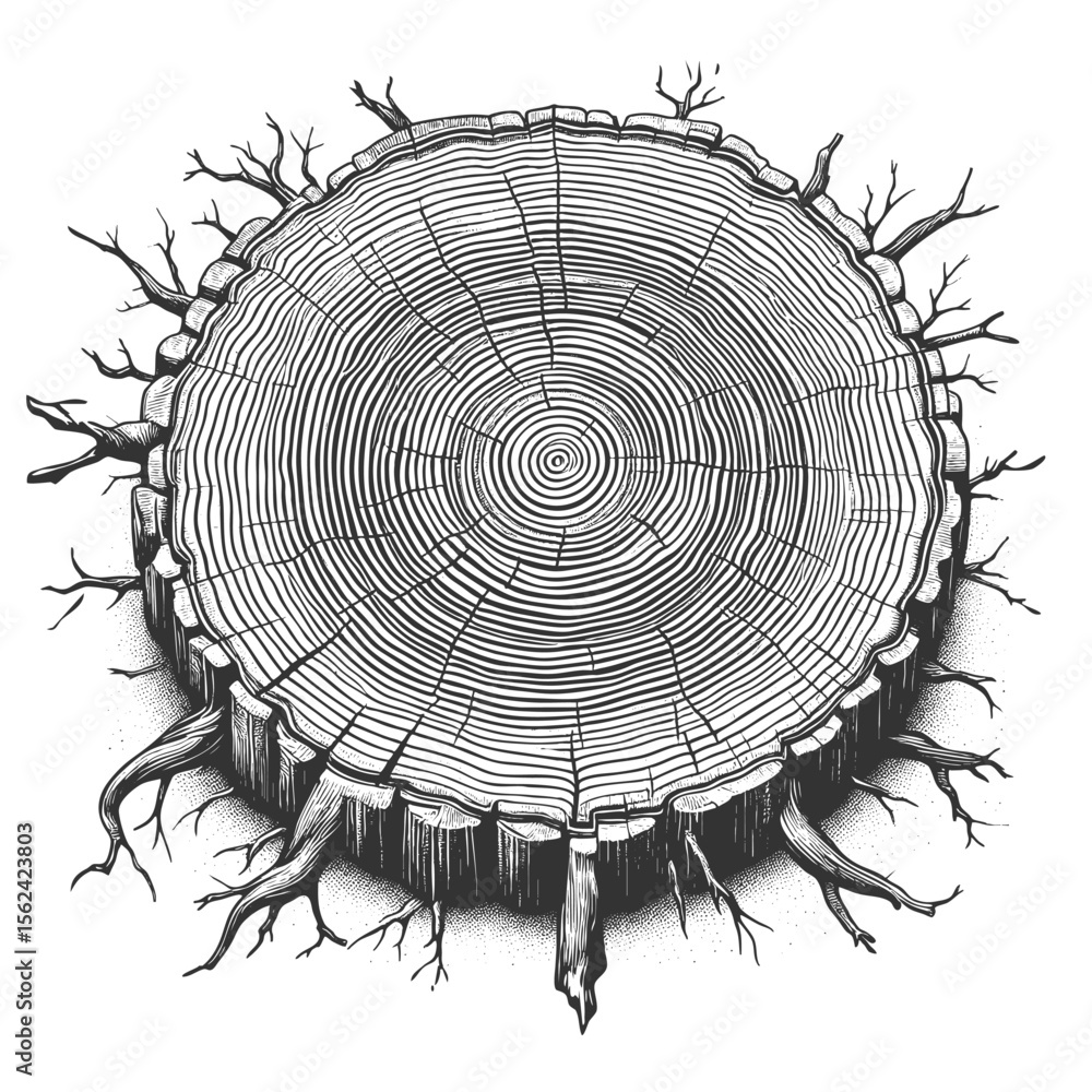 Poster tree trunk cross section showing growth rings sketch engraving generative ai fictional character vec