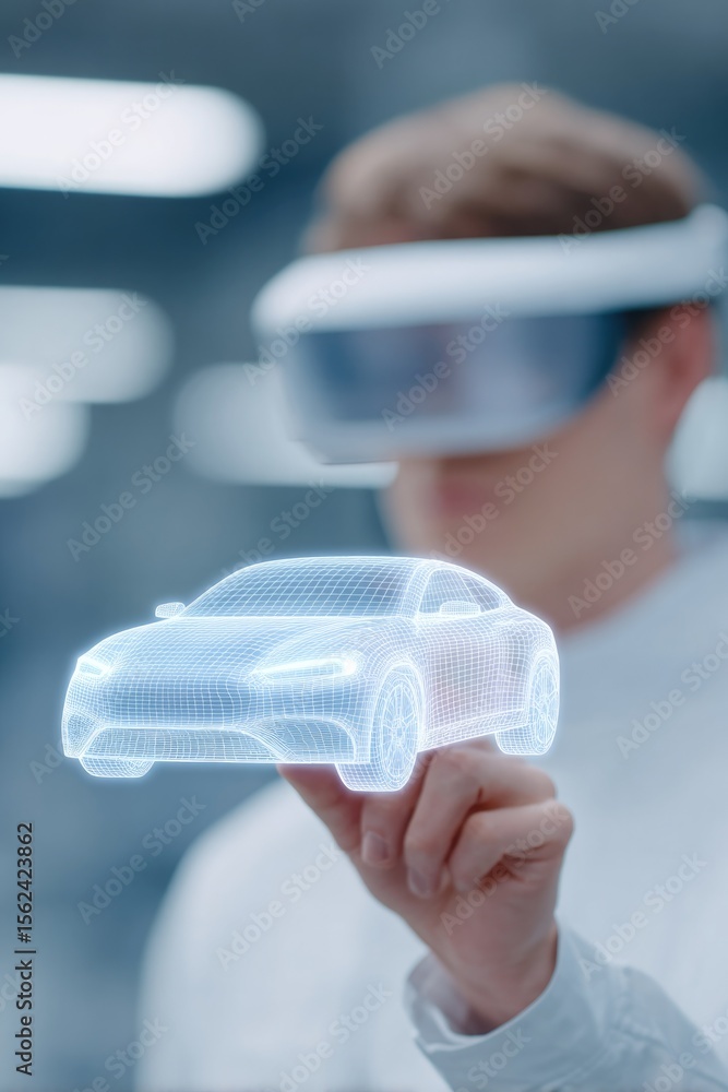 Poster portrait render of technician in vr headset interacting with car 3d model hovering at chest height i
