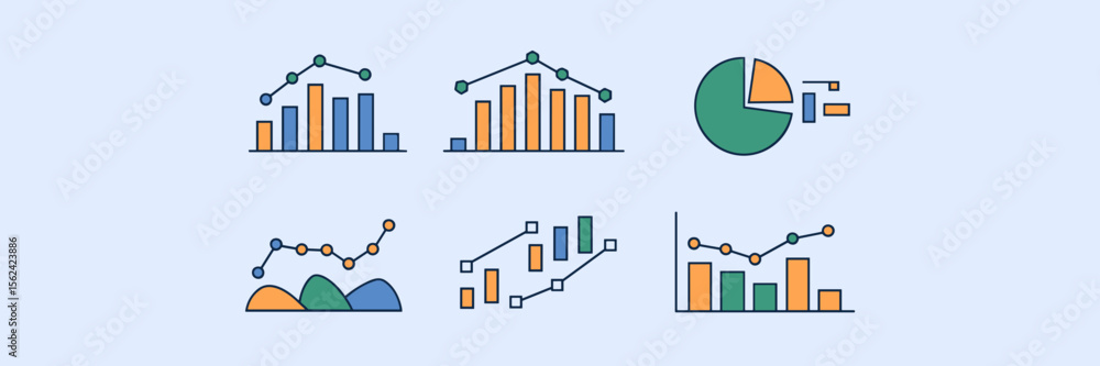 Poster vector icons of varied chart types – ideal for fintech design, academic data content, or app ui elem