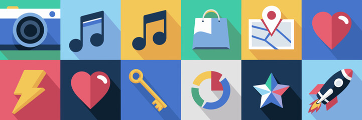 App icon sheet with consistent blue background – Suitable for technology branding, UI concept art, or presentation graphics