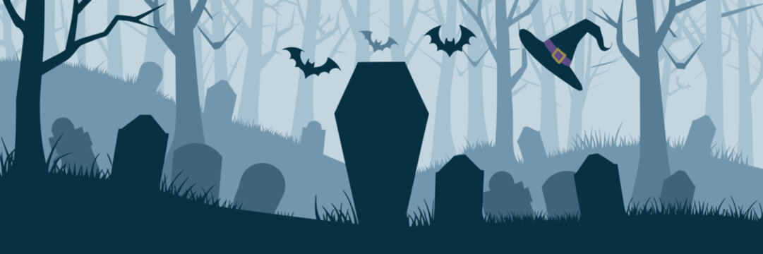Foggy Halloween forest with tombstones, coffin, and bat shadows – Great for scary story visuals, game backgrounds, or seasonal content