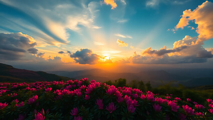 A vibrant sunset illuminates a mountain valley covered in blooming pink flowers under a cloudy sky