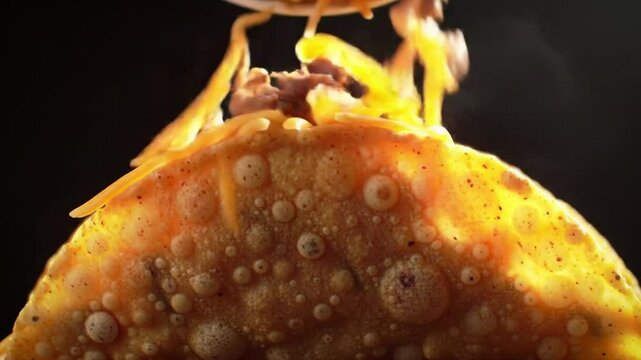 Close up shot of a golden taco shell with toppings falling against a dark black background scene view