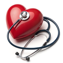 A red heart with a stethoscope wrapped around it on a white background in a close up studio shot - ai generated