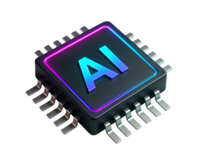 High-Tech AI Microchip with Futuristic Design and Vibrant Lighting Effects, Perfect for Digital Innovation Themes, Isolated on Transparent and White Background