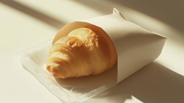 Freshly baked croissant wrapped in minimalist packaging.