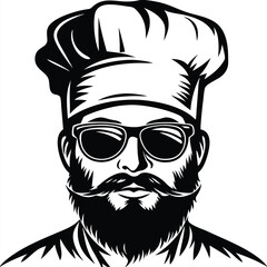 Isolated depicts a bearded chef wearing a toque and sunglasses in black outline