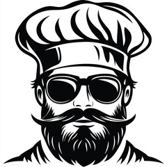 Portrait of a bearded man wearing chef hat and sunglasses is displayed prominently