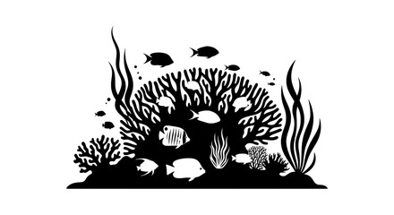 Vibrant Coral Reef Habitat with Tropical Fish – Detailed Mono Vector Scene

