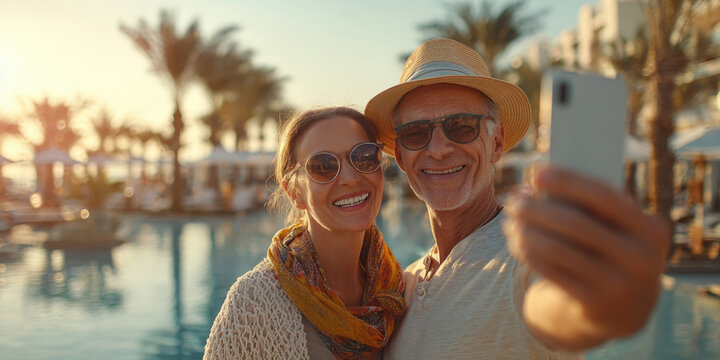 Joyful Couple Captures a Sunny Holiday Selfie by the Poolside, Embracing Leisure and Connection on a Relaxing Tropical Vacation