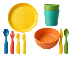 A playful, child-themed plastic dinnerware set, safe and fun for a family with young kids in a city apartment.
