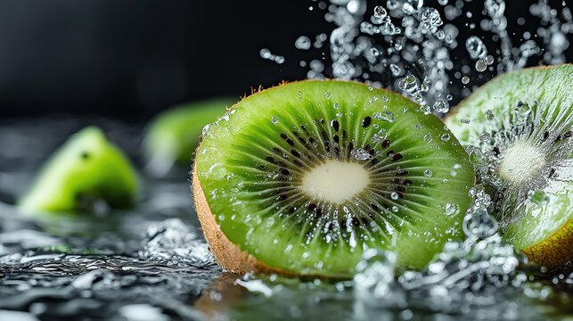 Freshly sliced kiwi halves submerged in water with splashes creating a refreshing scene