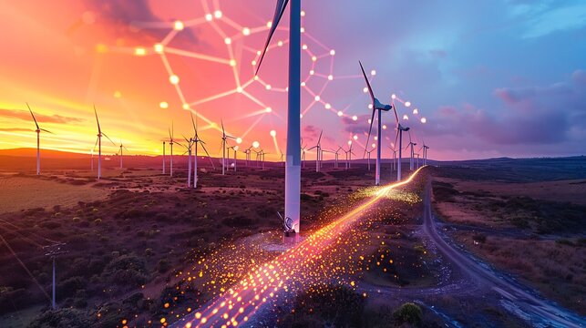 Futuristic AI controlled wind turbines generating sustainable energy cybernetic optimization algorithms visualized glowing data streams