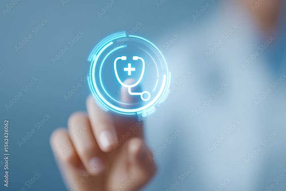 Poster portrait render of user examining 3d-rendered stethoscope interface projected holographically in cli