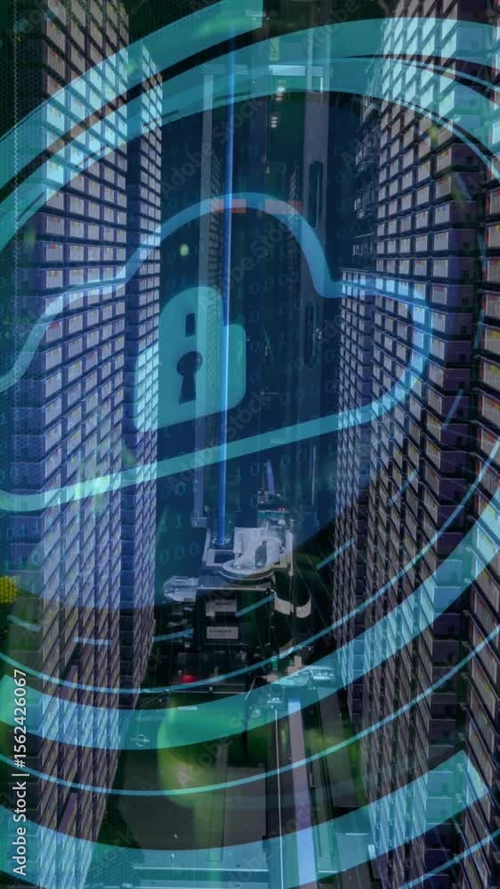 Poster animation of cloud icon and data processing over server room