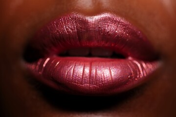 Close-up of a woman's lips with a metallic pink lipstick, showcasing the texture and color of the makeup.  A beauty shot emphasizing the detail and vibrancy.