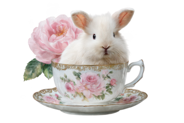 Adorable white bunny rabbit sitting in a vintage teacup with pink roses isolated on transparent background