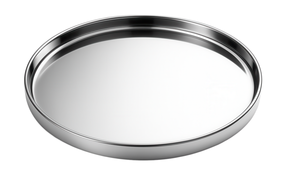 Round metal serving tray with a mirrored finish, perfect for displaying decorative items on a coffee table in an apartment.