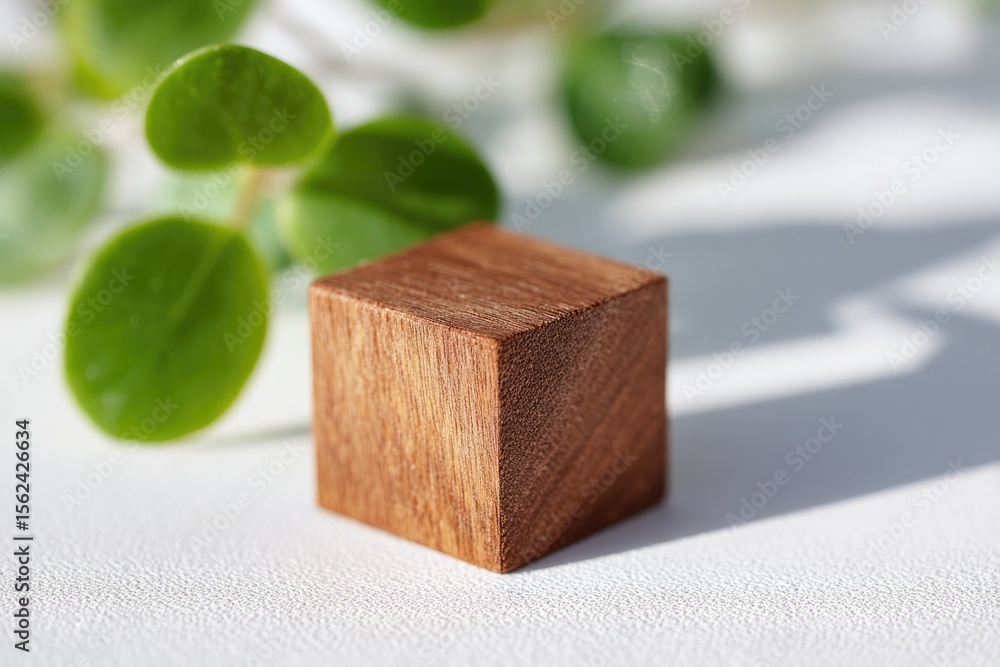 Poster miniature wooden display cube on white surface with overhead light casting precise shadow tiny plant