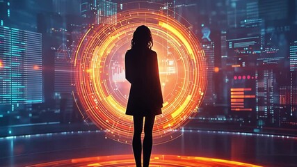 A woman faces a future technology landscape, digital information and network data - Powered by Adobe