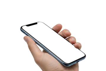 Hand holding modern smartphone PNG isolated on transparent background, mobile device mockup