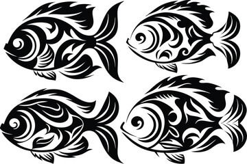 Four patterned fish present a monochrome tribal style in symmetrical compositions
