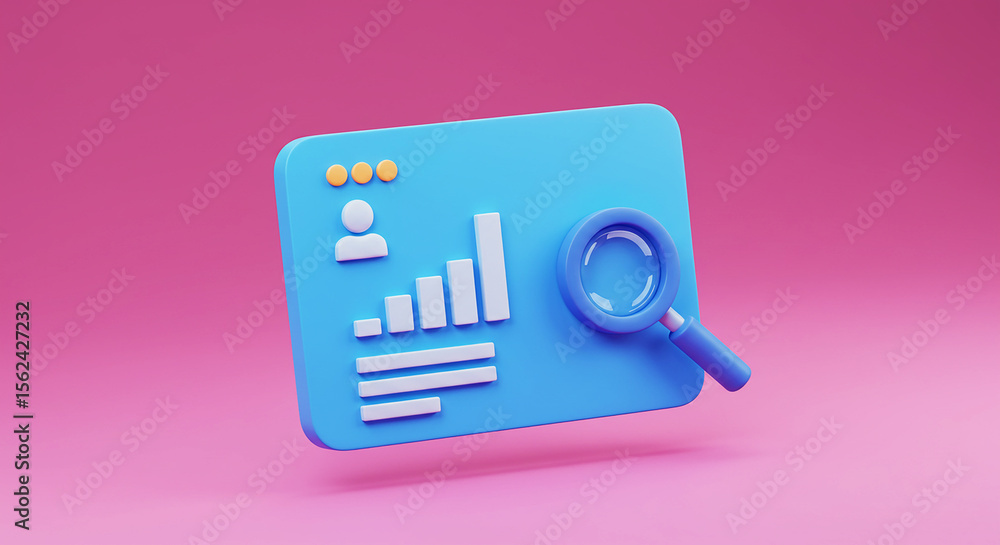Poster blue screen with a graph and a magnifying glass on a pink background in a stylized rendering